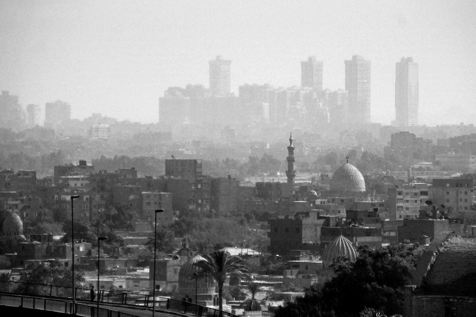 Cairo from above, domes and minarets against the towers of the modern city