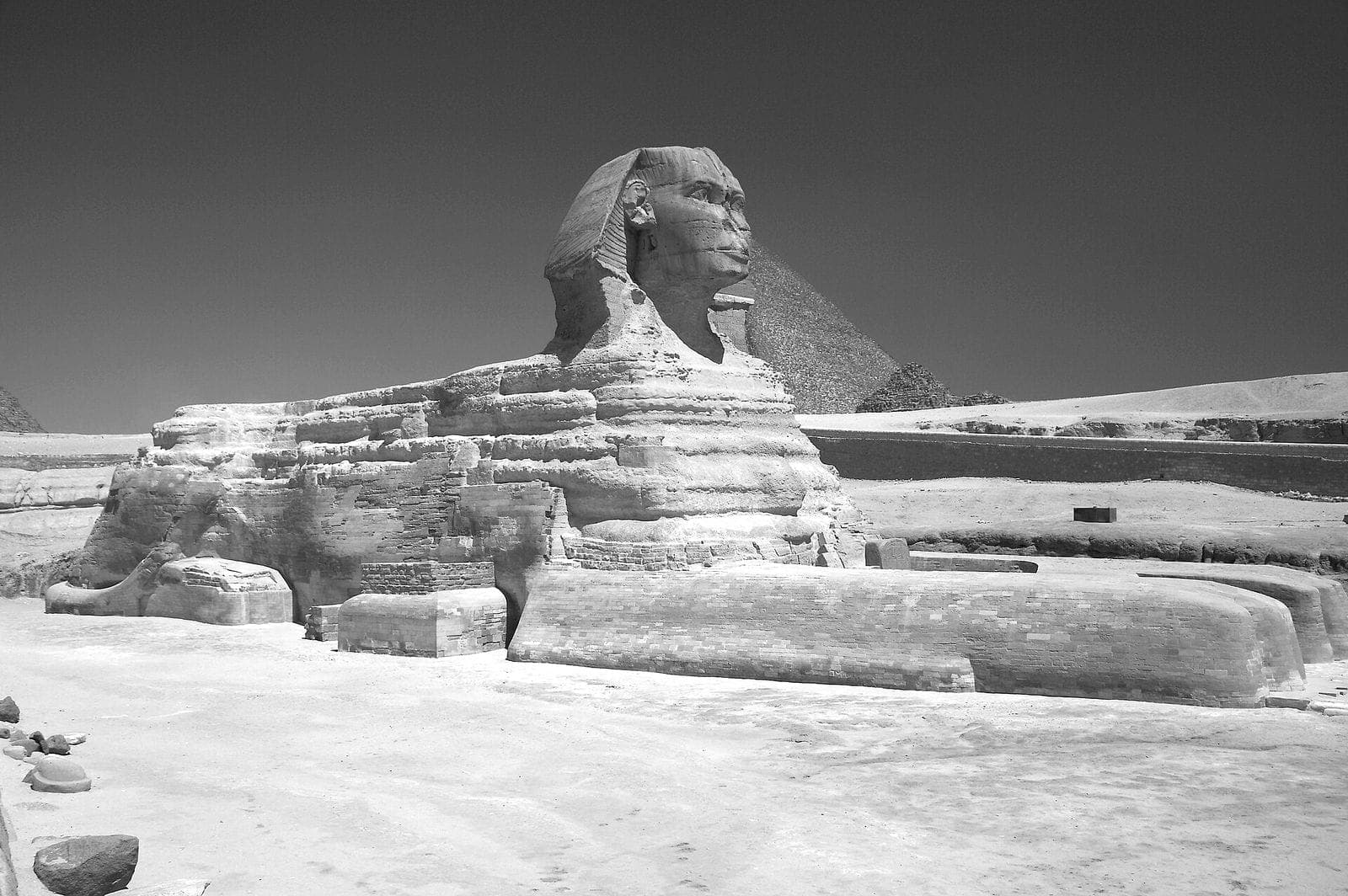 The Great Sphinx of Giza in hard afternoon shadow, the pyramid of Khafre beyond